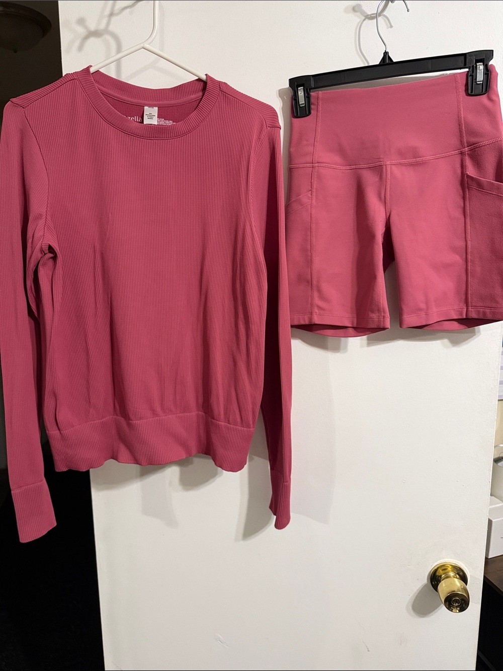 Zella Dusty Rose Ribbed Long Sleeve Top & High-Waist Bike Shorts Set